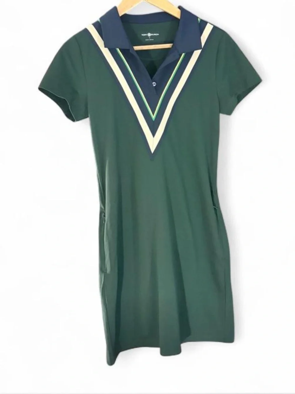 Tory Burch Forest Green Polo Dress with Navy and Cream V-Trim
